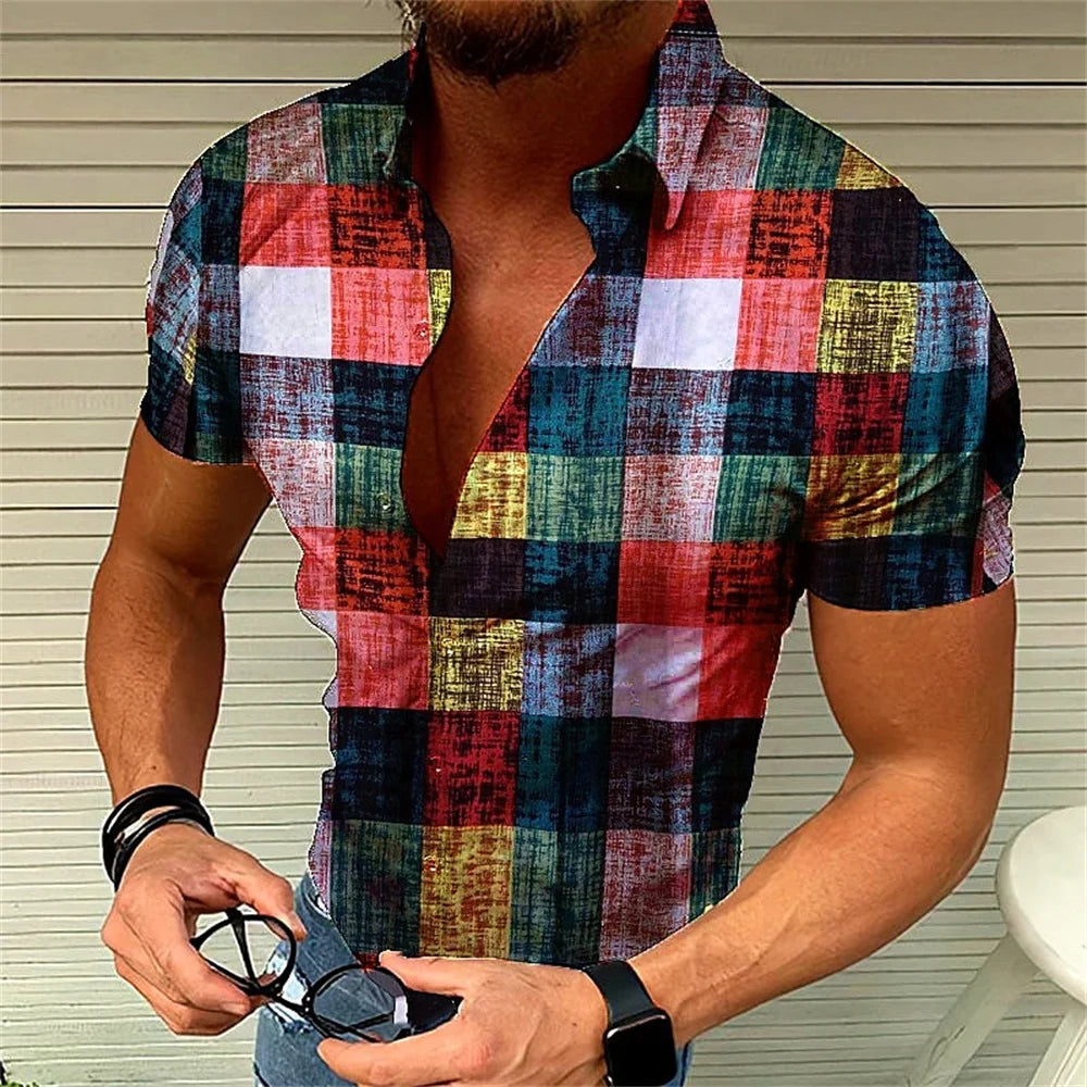 Men's retro plaid short sleeved flip collar printed shirt for street leisure and high-quality vacation designer clothing